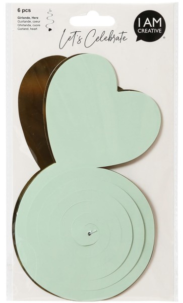 I AM CREATIVE Girlande, Herz,mint,gold,70cm 6010.965 6 Stück