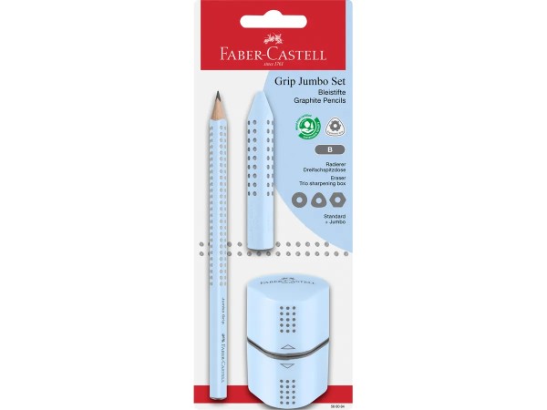 FABER-CASTELL Bleistift B/Radierer/Spitzer 580084 Jumbo Grip Set sky blue